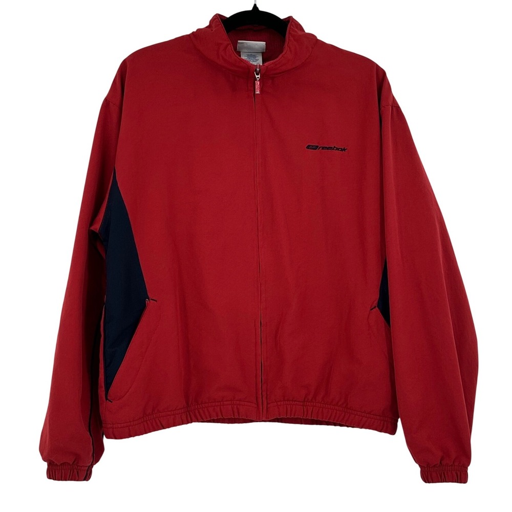Reebok Mens VTG 90s Windbreaker Jacket Red Navy Blue Full Zip‎ Mesh Lined Large